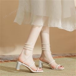 168-5一字带串珠夏季高跟凉鞋气质小香风脚环珠女鞋优雅时尚外穿