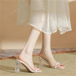 H197-22葡萄妈网红款PVC花朵高跟凉鞋女透明水晶跟一字带夏季女鞋