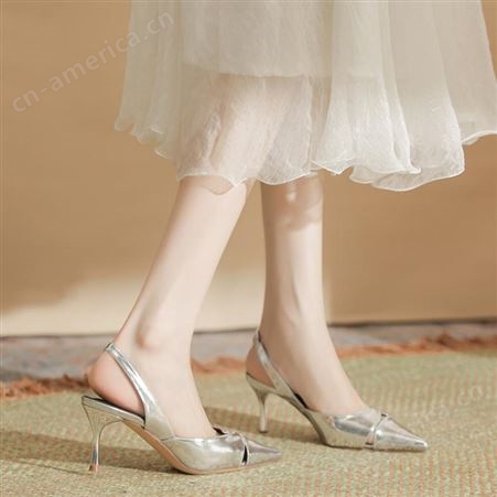 H1933-29银色尖头高跟凉鞋女半包头后空秋季女鞋细跟小香风凉鞋女